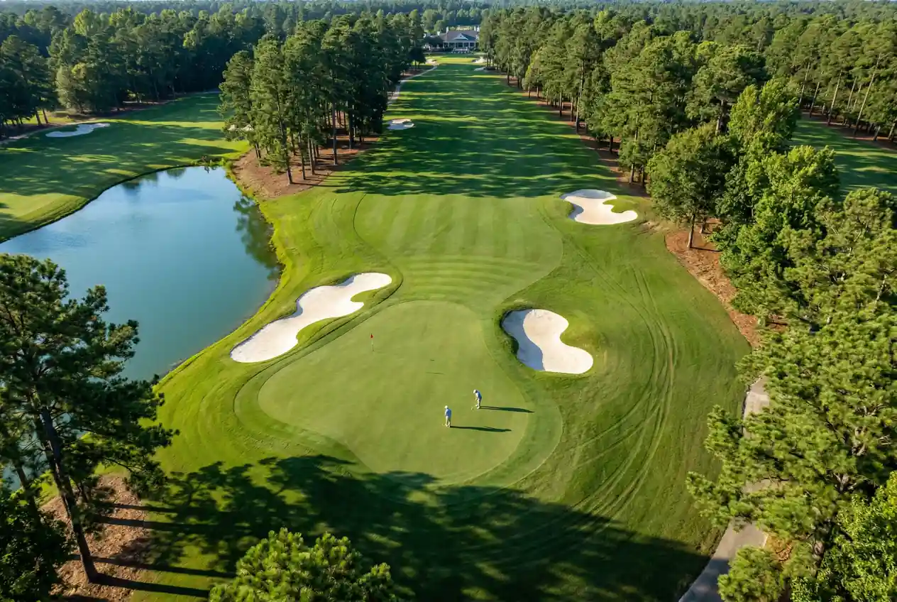 Golfbana sedd ovanifrån med markeringar för olika speltyper och krav