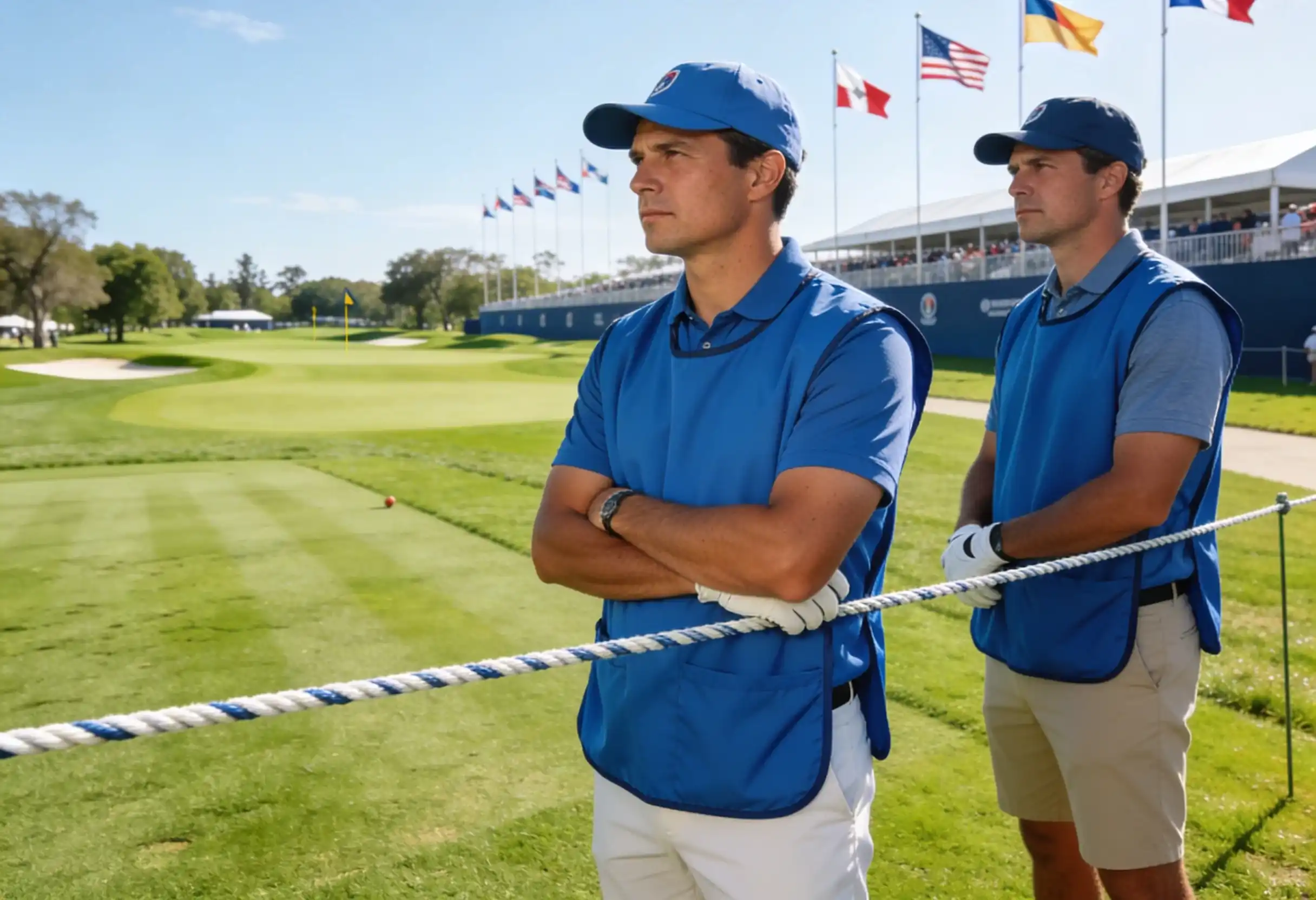 PGA Tour-flagga vajar vid en golfbana med säkerhetspersonal i bakgrunden
